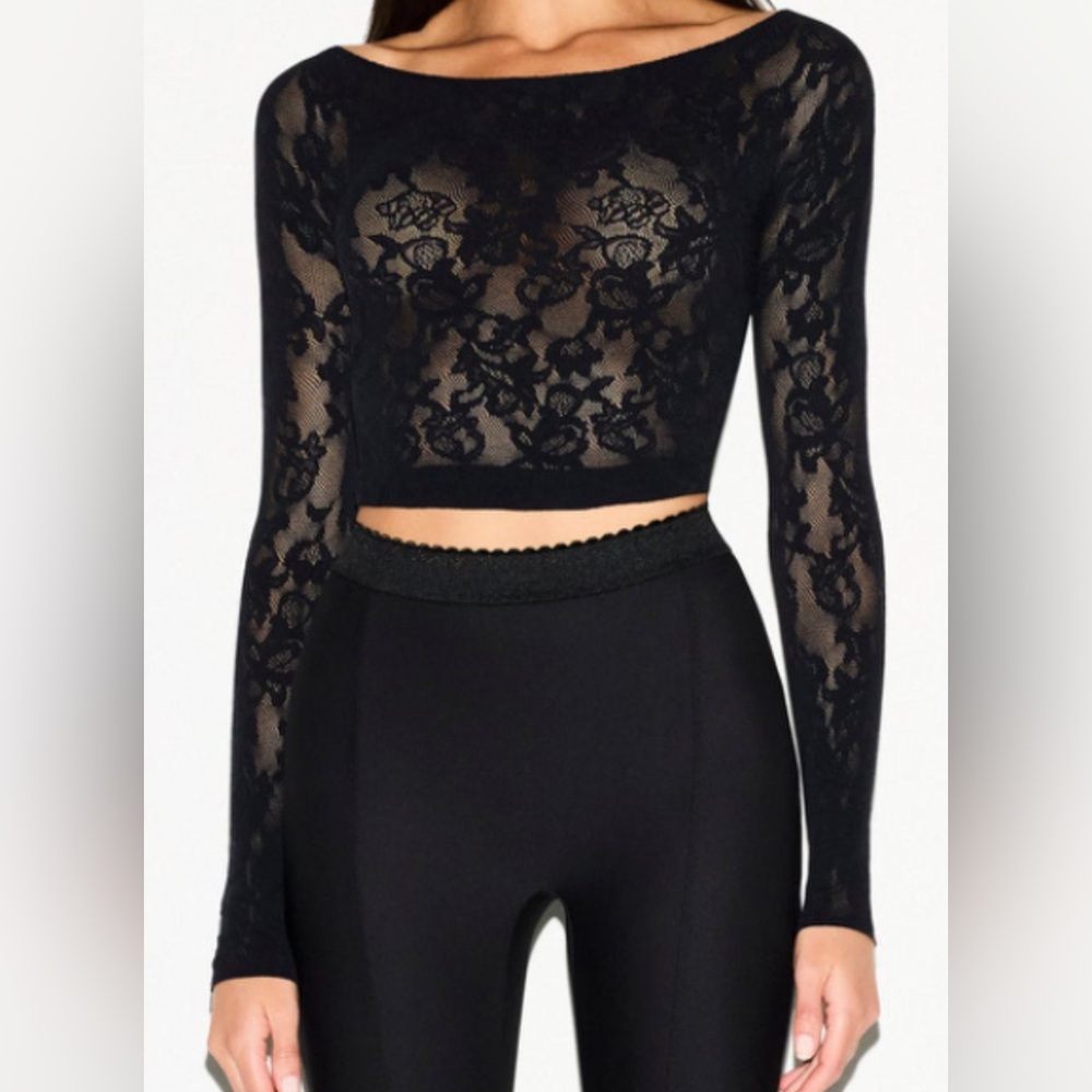 SKIMS KNIT LACE Boat neck LS top NWT Black Obsidian S/M (SK0235) - Picture 5 of 7